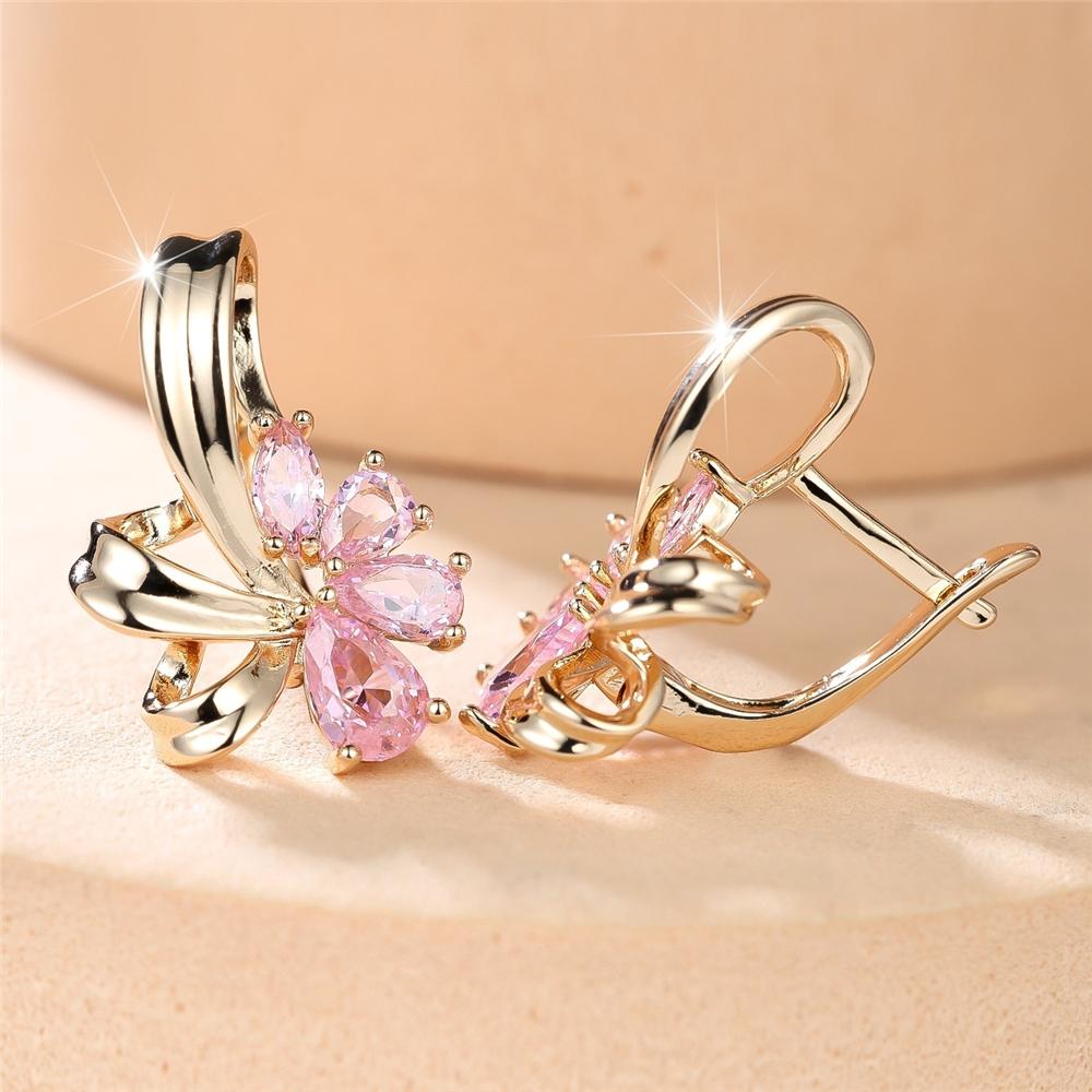 Elegant Female Big Water Drop Pink White Zircon Stone Skeleton Hoop Earrings Trendy Fashion Gold Color Wedding Jewelry For Women