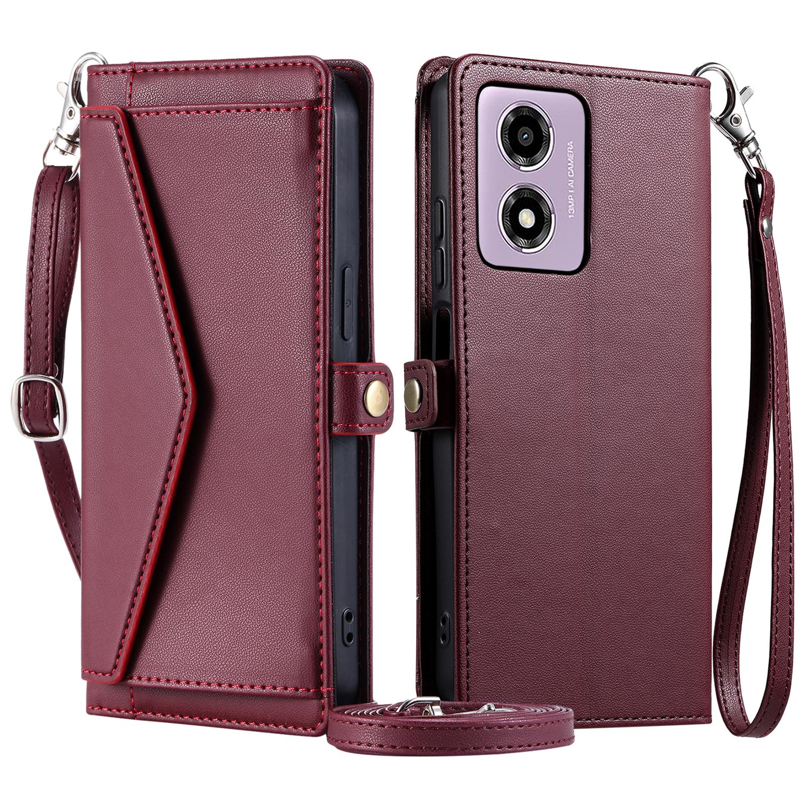 

For Motorola Moto E14 4G/G24 4G Leather Case Wallet Stand Phone Cover with Straps Wine Red