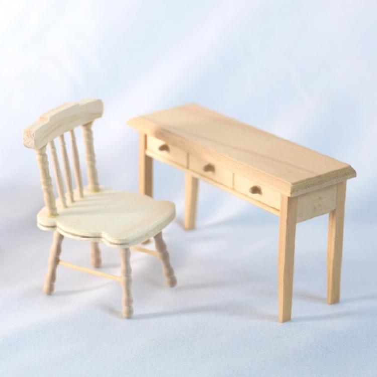 Unpainted Miniature Study Table Chair Set With Smoothly Texture For 1/12 Doll House Decoration Scene Display Accessories