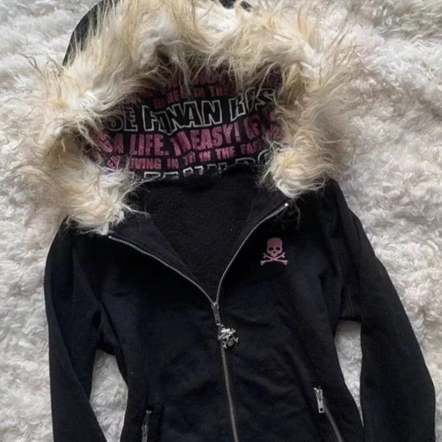 VAYLA Y2K Hanorac cu fermoar și guler de blană neagră Hanorac sexy pentru femei Harajuku Goth Imprimeu grafic cu litere Palton slim