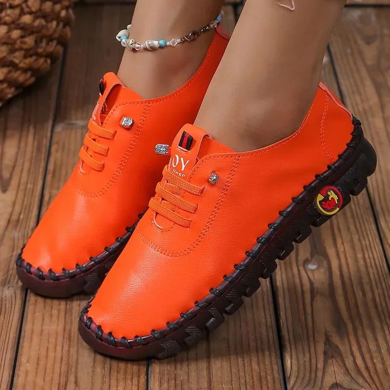 

Новые женские кеды ручной работы на плоской подошве, удобные туфли без застежек со шнуровкой и круглым носком, ручная работа, нитки для шитья, туфли для мам Zapatillas De Mujer 35 оранжевый