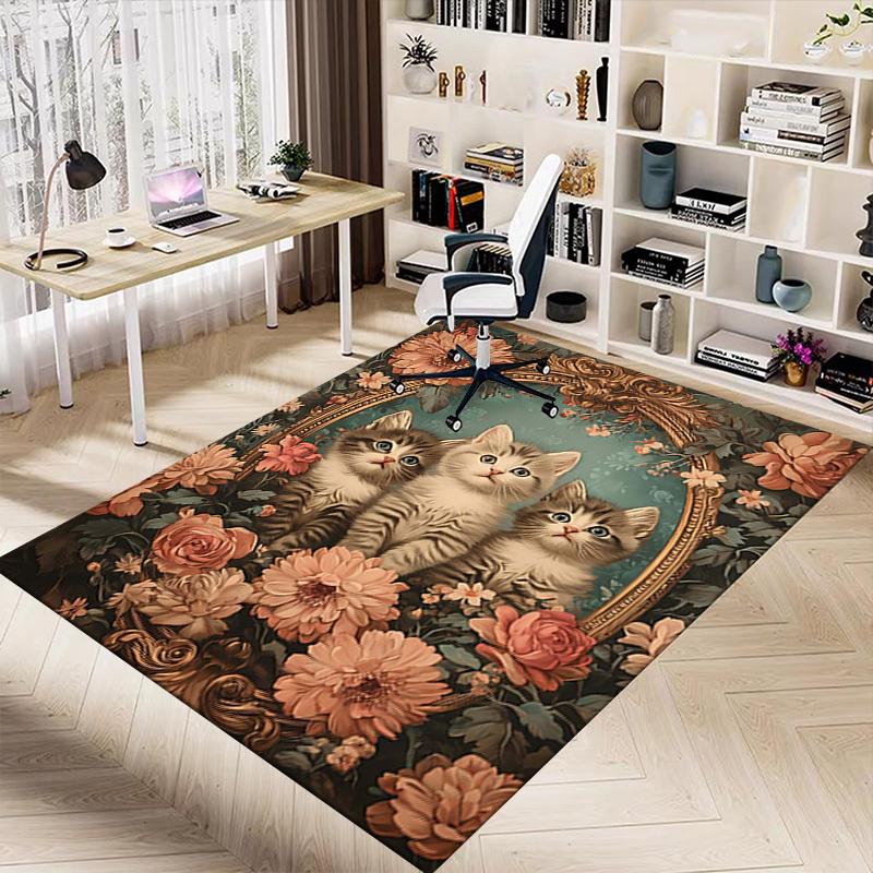 1PC Kittens Floral Non-Slip Floor Carpet Compatible for Office&Living Room&Bedroom&Dining room - Flat-Weave Machine-O383