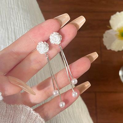 French Retro Rose Pearl Tassel Earrings Long Earrings Agile and Luxurious Niche