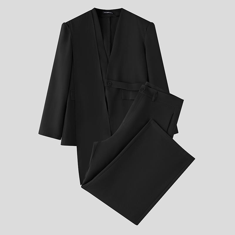 INCERUN Two Pieces Outfits Men Long Sleeve Layers Thin Blazer Long Straight Pants Party Sets
