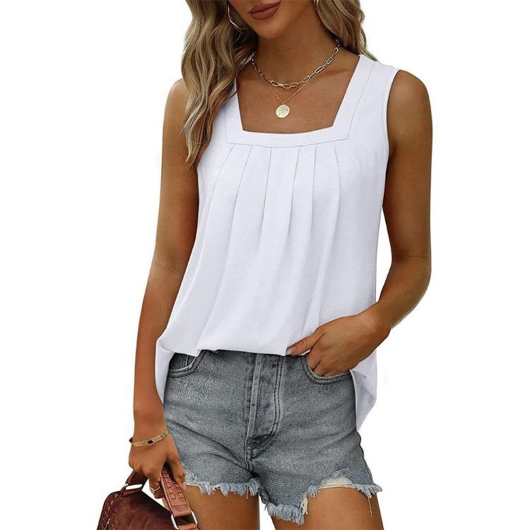 Summer Women T-shirt Sleeveless Vest Casual Square Neck Pullover Top Fashion Solid Color Pleated Female Clothing