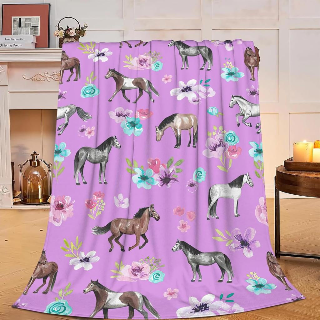 Horse Throw Blanket Super Soft Warm Floral Horse Blanket Cozy Plush Fleece Farm Stuffed Animal Horse Gifts Bedding Blanket