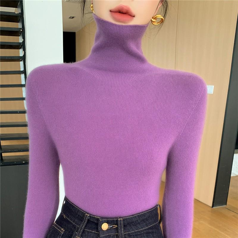 Women's Black Wool Semi-High Neck Base Layer Sweater - Soft, Comfortable, Slimming Fit for Autumn/Winter.