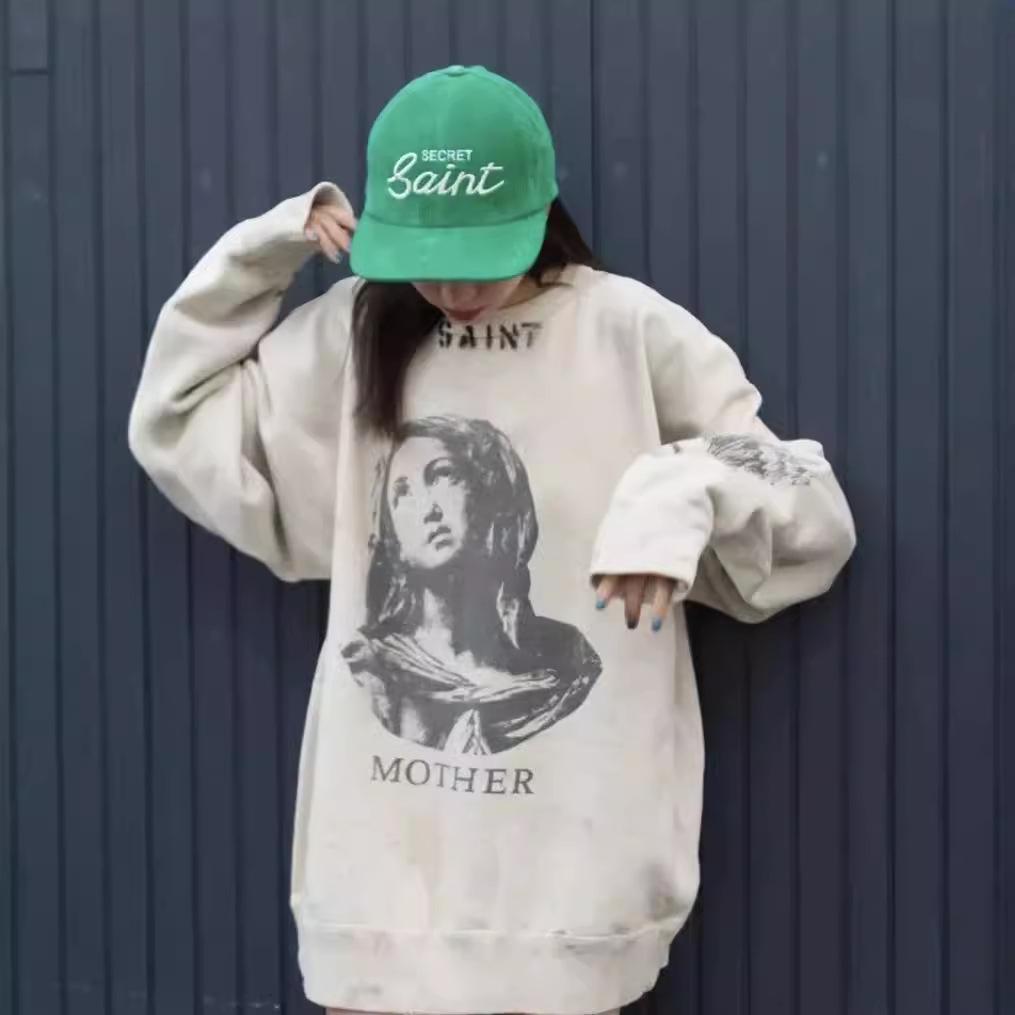Retro Unisex Distressed Graffiti Print Loose Round Neck Sweatshirt