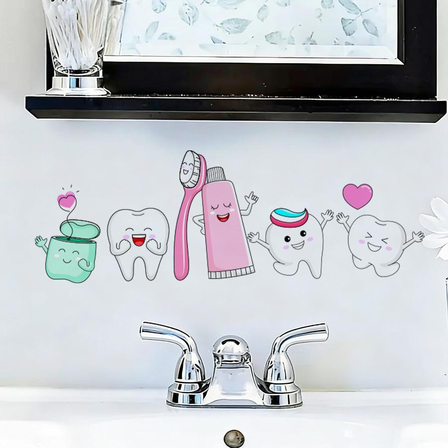 Dental Health Wall Stickers with Cute Tooth Characters Toothbrush And Floss DesignsStick Decals for Bathroom Lavatory Decor.