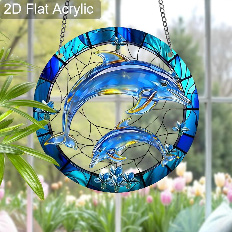 Acrylic Dolphin & Calf Suncatcher Stained Glass Effect Window Hanging Ornament Ocean Themed Gift for Home