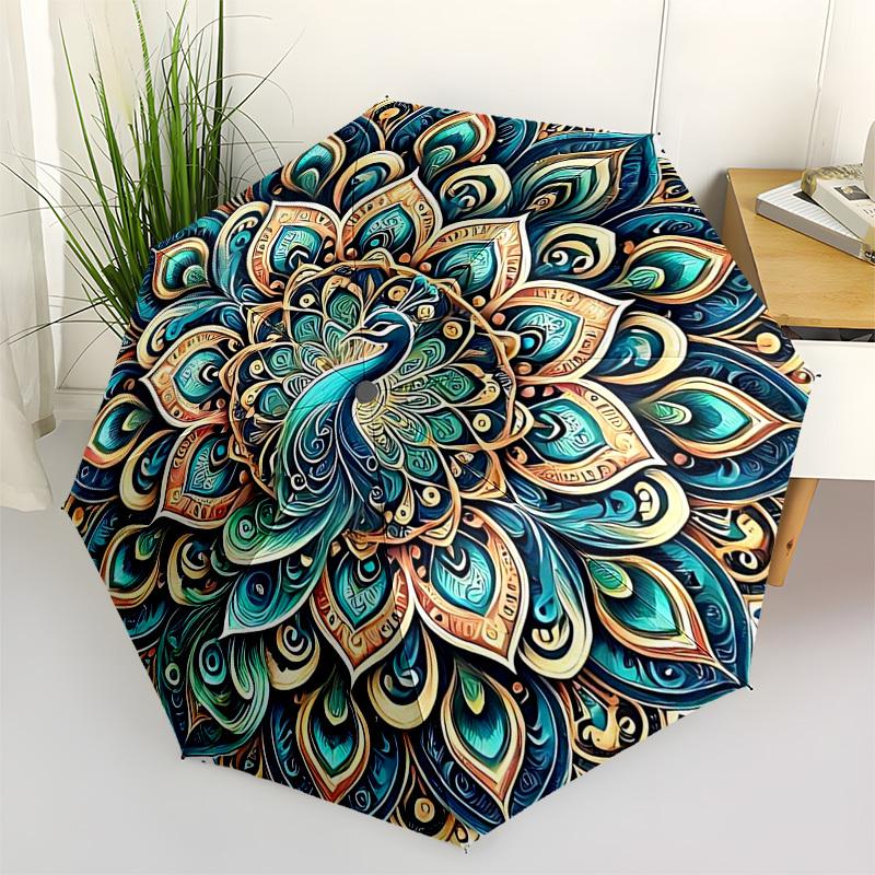 1pc Mandala Peacock Design Automatic Folding Umbrella - Portable 3-Fold Design, 8-Bone Iron Frame Outdoor Umbrella, Ideal Gift for Fans, Travelers, Da
