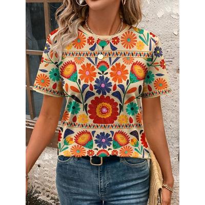 Camiseta Feminina Gráfica Floral Plantas Vintage Estilosa Clássica Manga Curta Gola Redonda Tops Regulares Diário