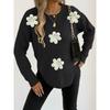 Women S Knit Sweater Embroidered Beaded Floral Patch Crew Neck Pullover