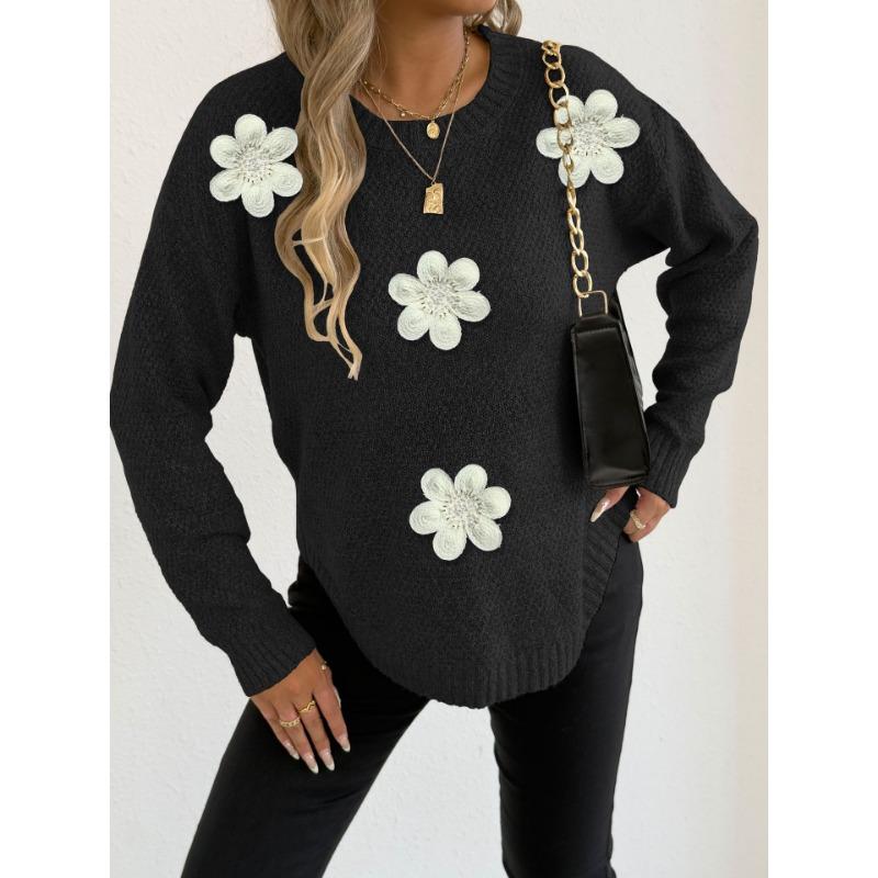 Women S Knit Sweater Embroidered Beaded Floral Patch Crew Neck Pullover