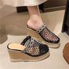 New Hollow-out Breathable Rhinestone Mesh Yarn Baotou Half Slippers Women's Summer Wear Platform Platform Fishing Net Shoes