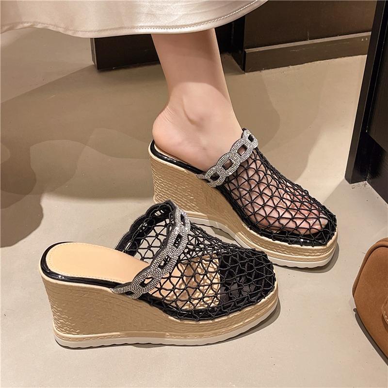 New Hollow-out Breathable Rhinestone Mesh Yarn Baotou Half Slippers Women's Summer Wear Platform Platform Fishing Net Shoes