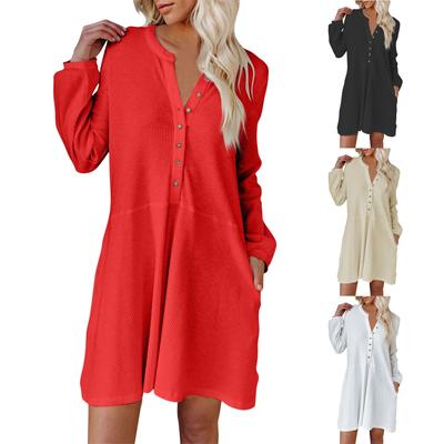 Women's Autumn And Winter Fashionable And Casual Solid Color V-Neck Button-Down Long Sleeve Dress