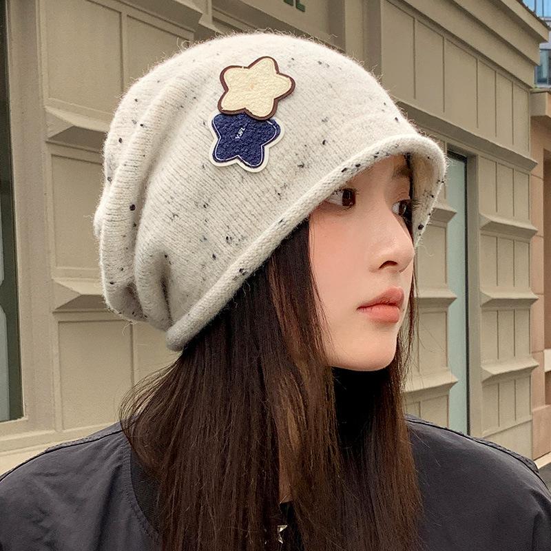 New Versatile Hat for Women with Big Head and Face Small Pile of Hats  Korean Style Star Knitted Pullover Hat Warm Wool Hat