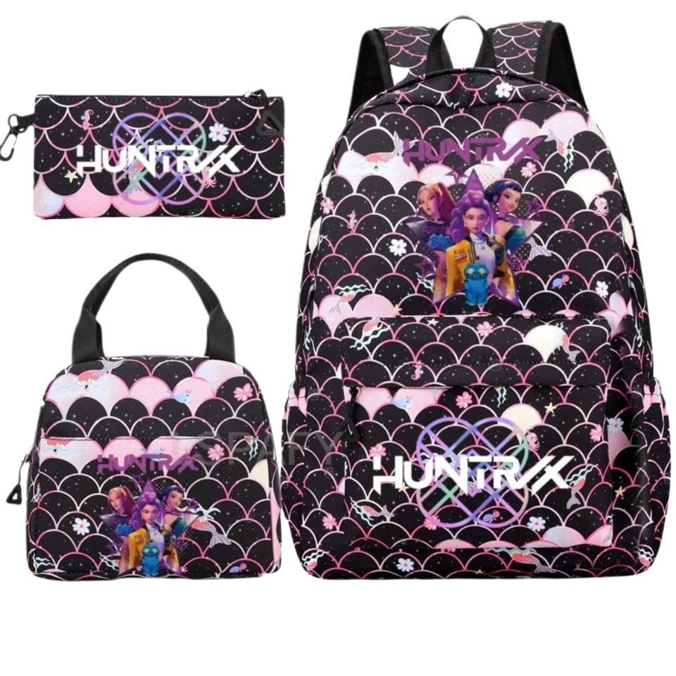 KPOP Nylon 3 Piece Set School Backpack for Students with Cartoon Print Air Cushion Design