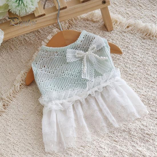 Breathable Dog Clothing Knitted Sleeveless Dress, White Tutu Puppy Princess Cute Girl Dress Pet for Summer with Lace Faux Pearl Bow, Female Small Dogs