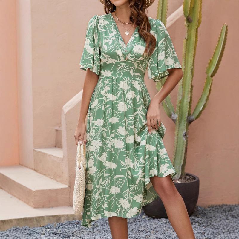 Damen Bedrucktes V-Ausschnitt Kurzarm Taillenkleid Böhmisches Urlaubs-Strandkleid