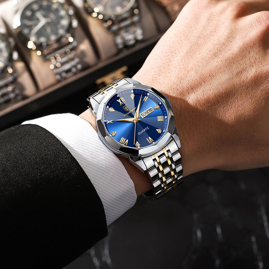 Luxury Men Wristwatch Business Waterproof Luminous Date Week Man Watch Stainless Steel Band Men's Quartz Watches Sports Clock