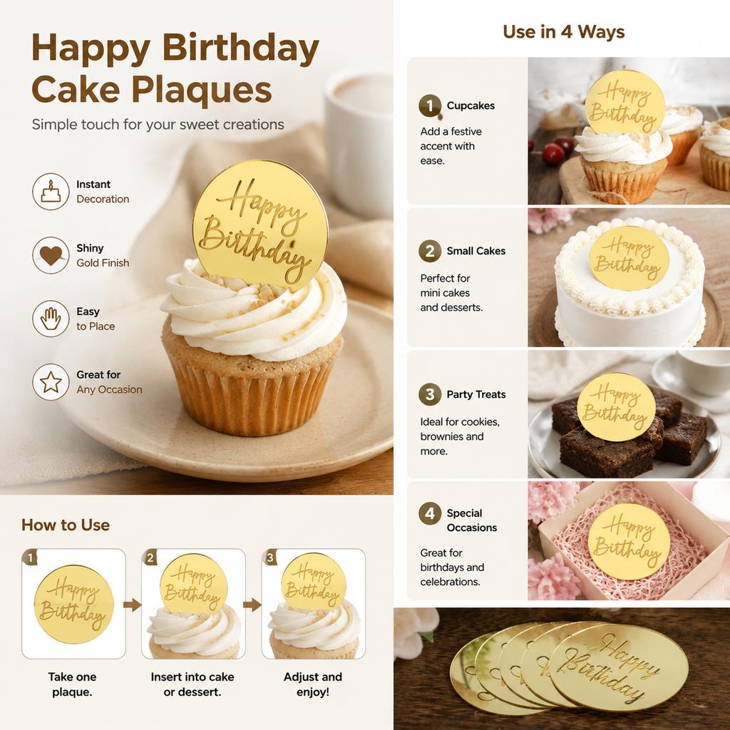 Cake Topper Cards, 10 Gold Round 5 X 5 Cm Happy Birthday Plaques for Cupcakes, Mini Cakes, Desserts and Party Decor