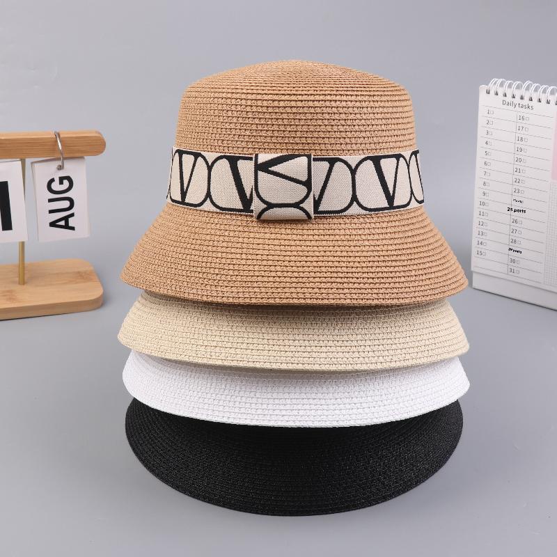 Trendy Letters Woven Fisherman Ladies  Simple Straw Hat Sun Hats Outdoor Travel Beach Panama Cap Bucket Hats For Women