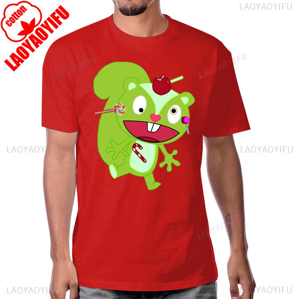 Yenilik Mutlu Ağaç Arkadaşları Anime Tişört Siyah Mizah Çizgi Film Kısa Kollu Yaz Tarzı Erkek Tişört Pamuk Nefes Alabilir Konfor T-shirtler