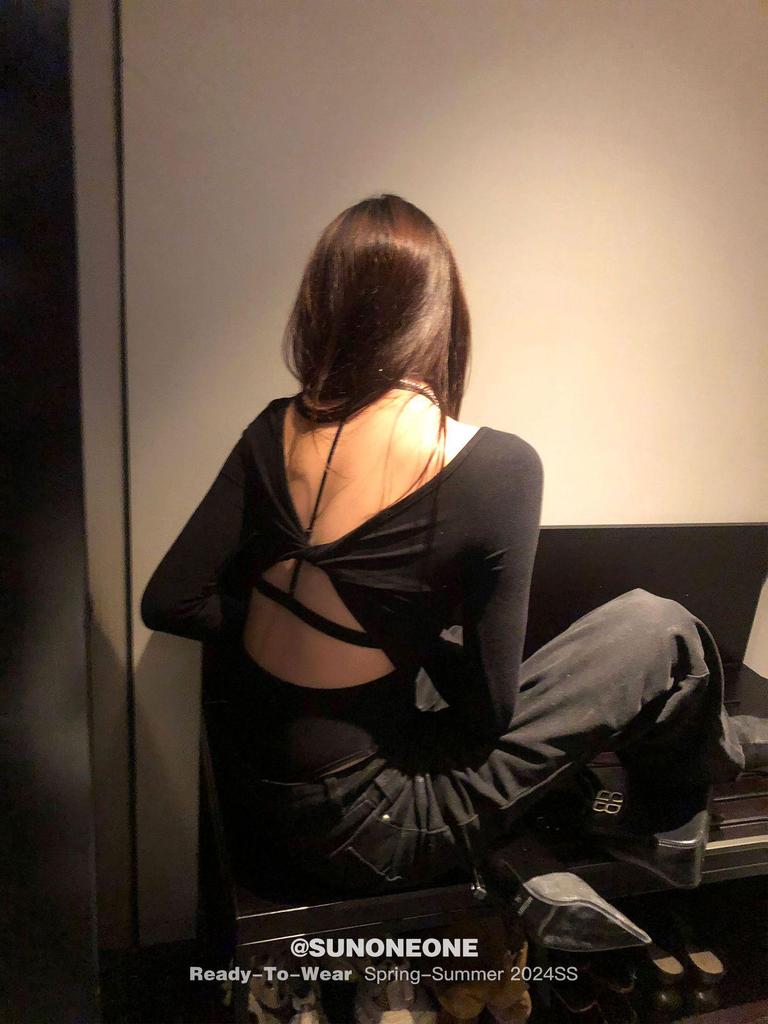 Women's Sexy Twisted Long-Sleeve Bodysuit with Chest Pads, Cross Back, Collarbones Showcase, Crotch Opening, European & American Style.