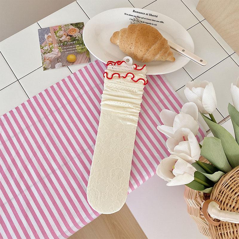 Women's Summer Thin Lace Flower Perforated Mesh Mid-calf Socks with Black Fungus Edges. Women's Pile Socks