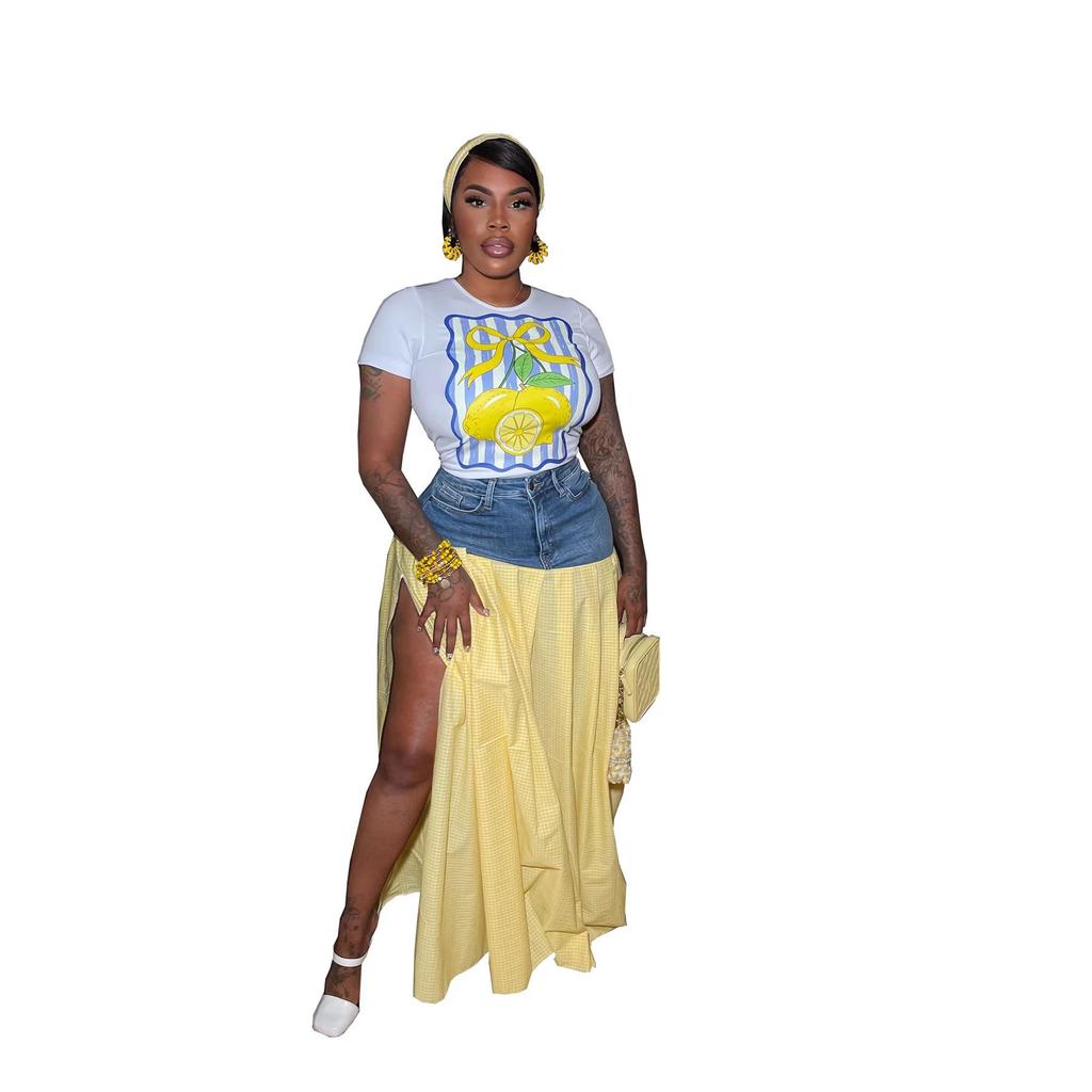 European & American Women's Sexy Fashion T-shirt and Denim Patchwork High-Waist Split Plaid Skirt Set