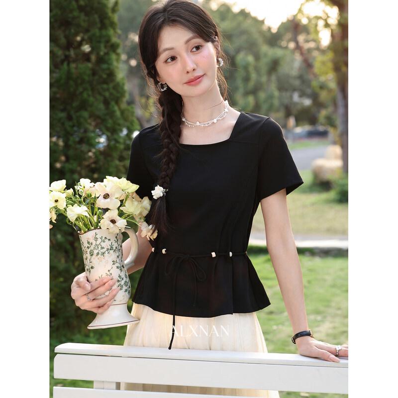 Women s Square Neck Slim-Fit Short Sleeve T-Shirt L