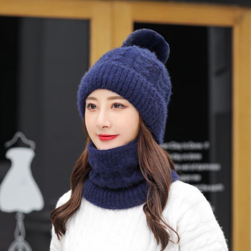 Hat Women's Autumn and Winter Wool Hat Versatile Scarf Set Hat Fashion Cycling Warm Fleece Thickened Knitted Hat