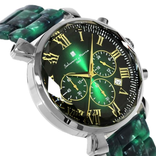 Salvatore Mara Watch Faceted Glass Chronograph Acetate Belt Gradient Men's Green Gold SM19104A-SSGRGD