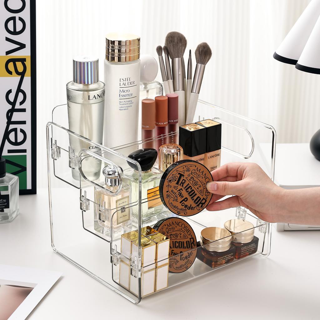 1pc Transparent Acrylic Cosmetic Storage Rack Threelayer Snap Detachable Handheld Cosmetic Container Skincare Desktop Organizer