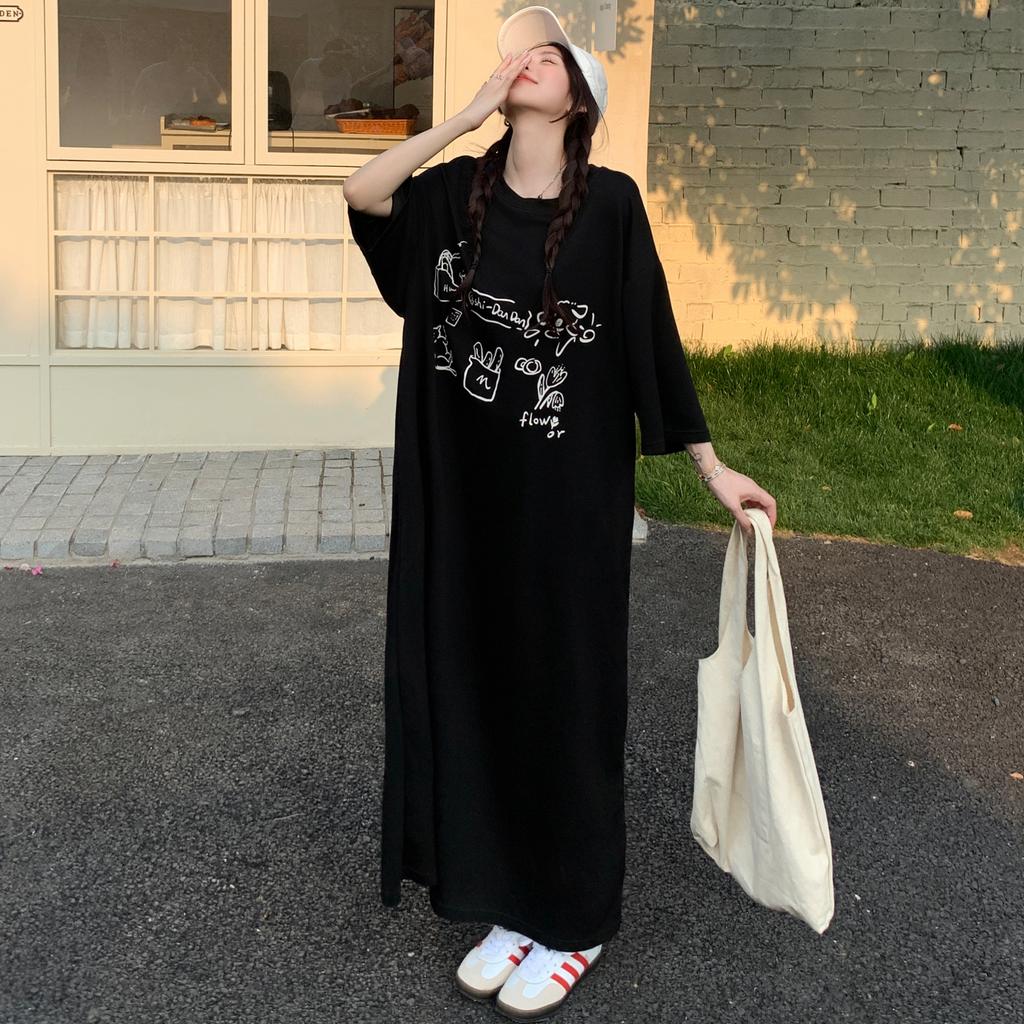 DIMANAF 2025 Plus Size Dress Women Summer Vintage Dress Basic Printing Long Loose Casual Black Dress Elegant