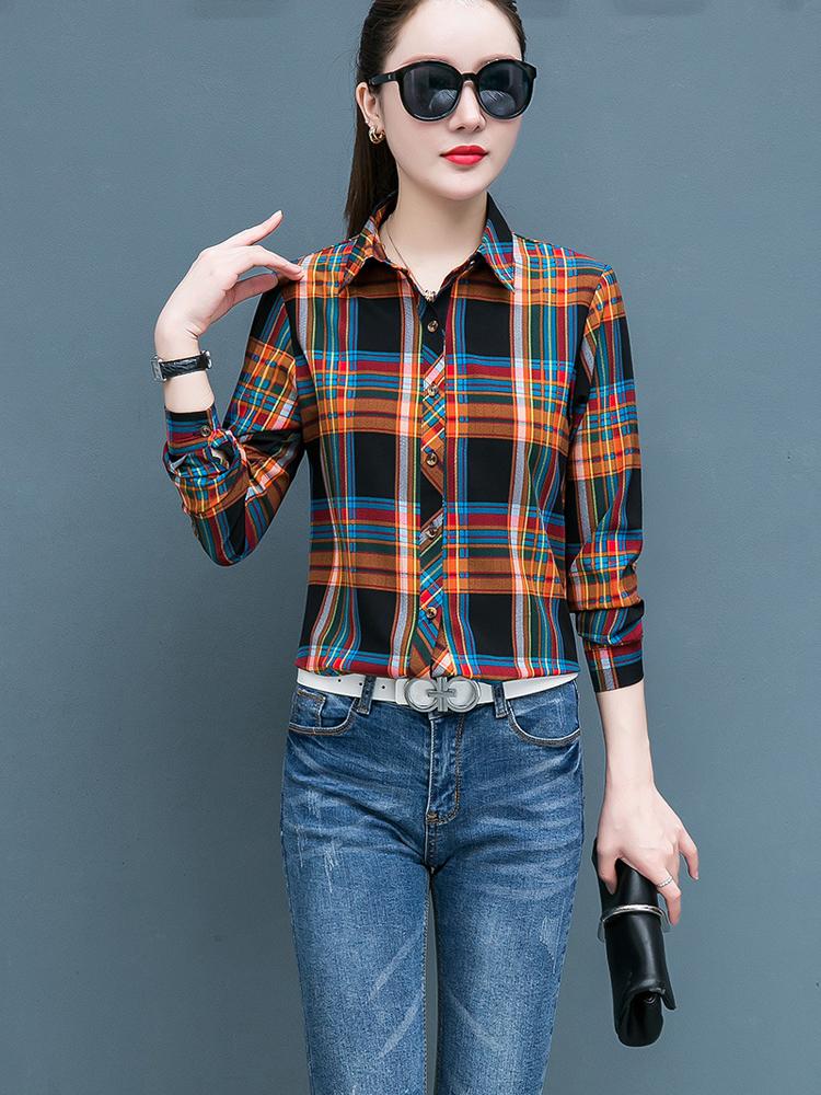 Geruit Overhemd Dames Honderd Dames Tops Los Retro Hong Kong Smaak Lange Mouw Overhemd