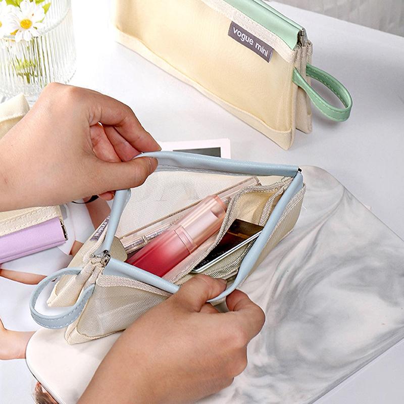 Pu Mesh Self-Closing Bag Internal Three Layer Lipstick Makeup Storage Bag Woman Key Jewelry Digital Organizer Portable Pouch