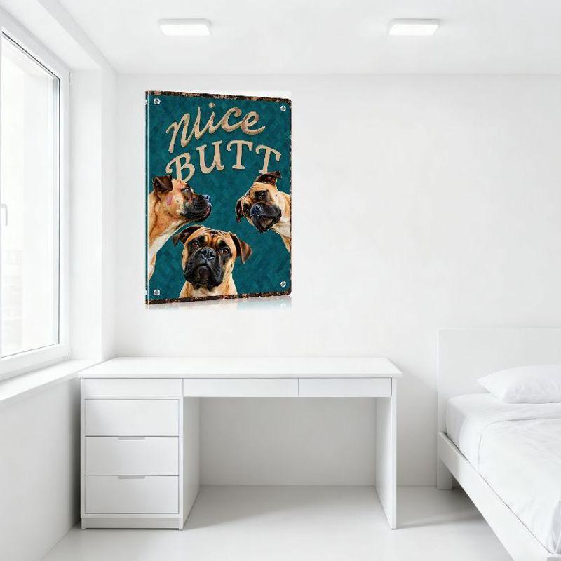 Nice BUTT Teal Diamond Pattern Metal Sign with Boxer Dog Photos Vintage Rustic Metal Poster for Home Bar Cafe Wall Decor