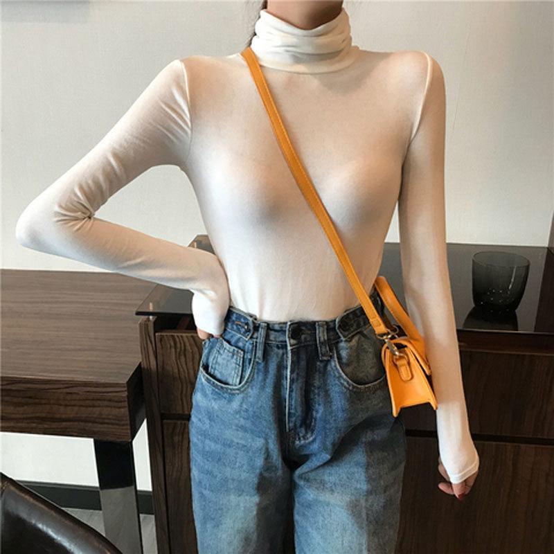 Women's Slim Fit Fleece High Neck T-Shirt - Korean Style Casual Long Sleeve Warm Top for Autumn and Winter 2025