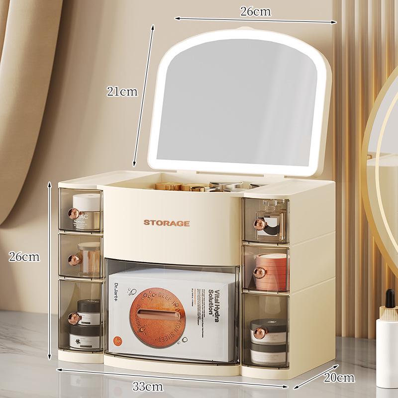 Beleuchtete 3-Farben Kosmetik-Aufbewahrungsbox mit Spiegel, Staubdichte Desktop-Schublade für Hautpflege