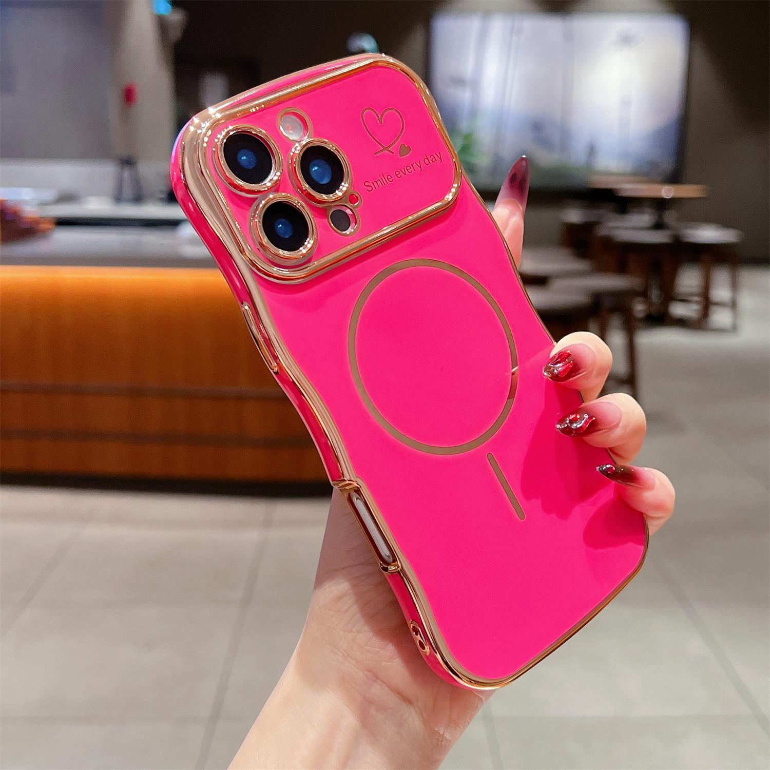 

For iPhone 16 Pro Max Magnetic Case Electroplating Wave Edge TPU Phone Cover Heart Pattern Rose