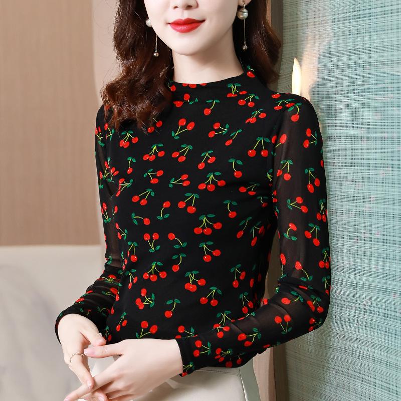 Spring and Autumn New Mesh Top Turtleneck Bottom Shirt Women's Thin Large Size Yarn Slim Versatile Long Sleeve T-Shirt