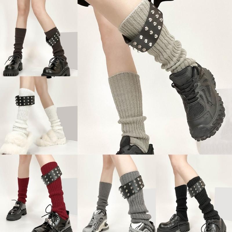 Gothic Punk Ribbed Knit Leg Warmer Sleeve with Metal Rivets Leather Belt Motorcycle Boot Covers Footless Socks for Women