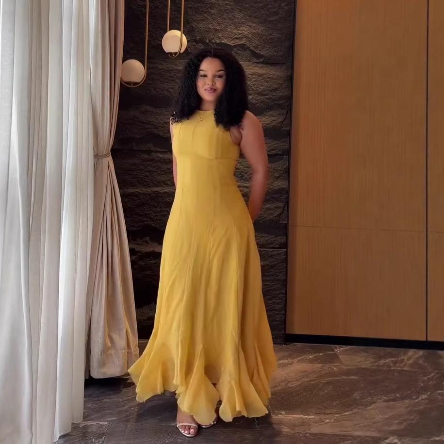 European, American spring and summer African chiffon temperament dress design sense splicing lazy vacation style long skirt women S жёлтый