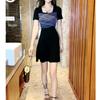 2025 Summer Women's Petite Little Black Dress with Square Neck and High Waist Slimming Mesh Front