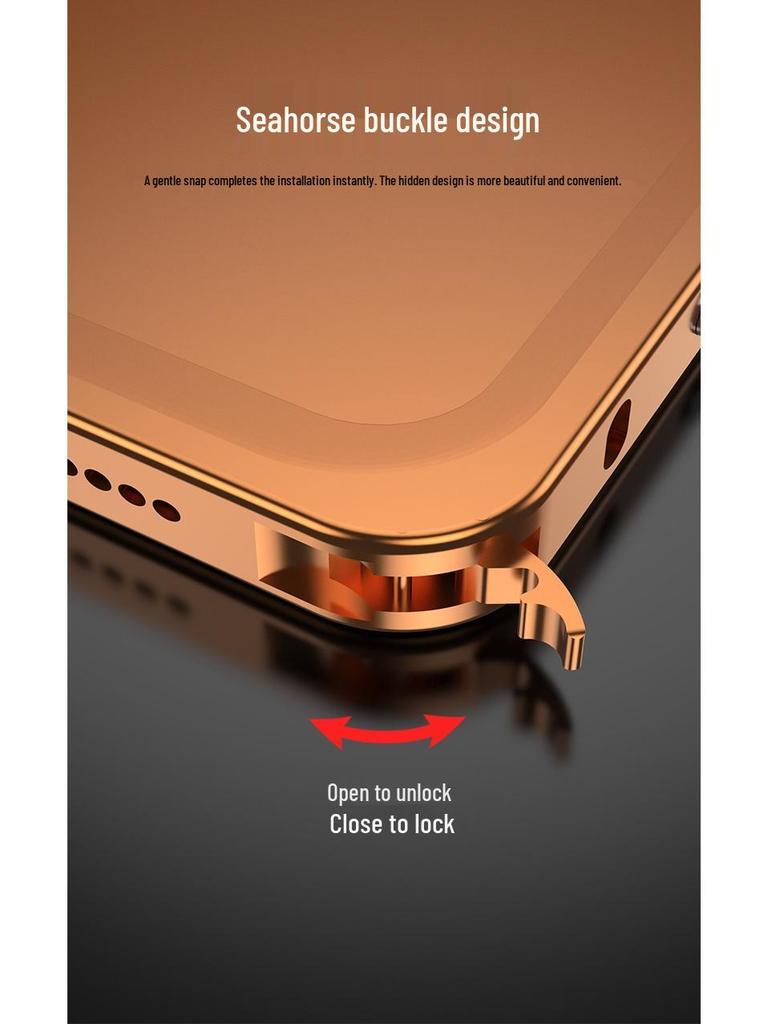 Capa de Metal Leve iPhone 17 Air com Lente e Fivela de Cavalo Marinho para 16 Pro - Moderna para Todos