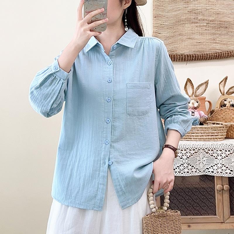 Spring and Autumn New Double-layer Cotton Yarn Pure Cotton Shirt Women's Japanese Literary and Art Style Loose Casual Skinny Versatile Shirt Top