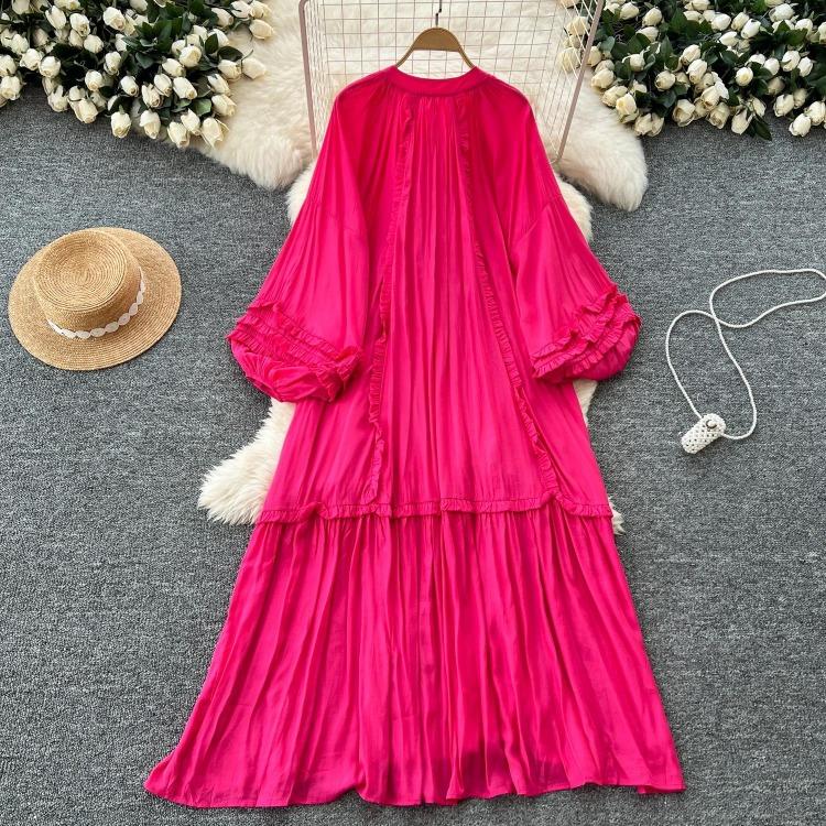 Lanterna Vintage Allacciatura Ruffle Vestito Maniche Lunghe Elegante Ampio Scollo O Moda Coreana High Street Abbigliamento Donna